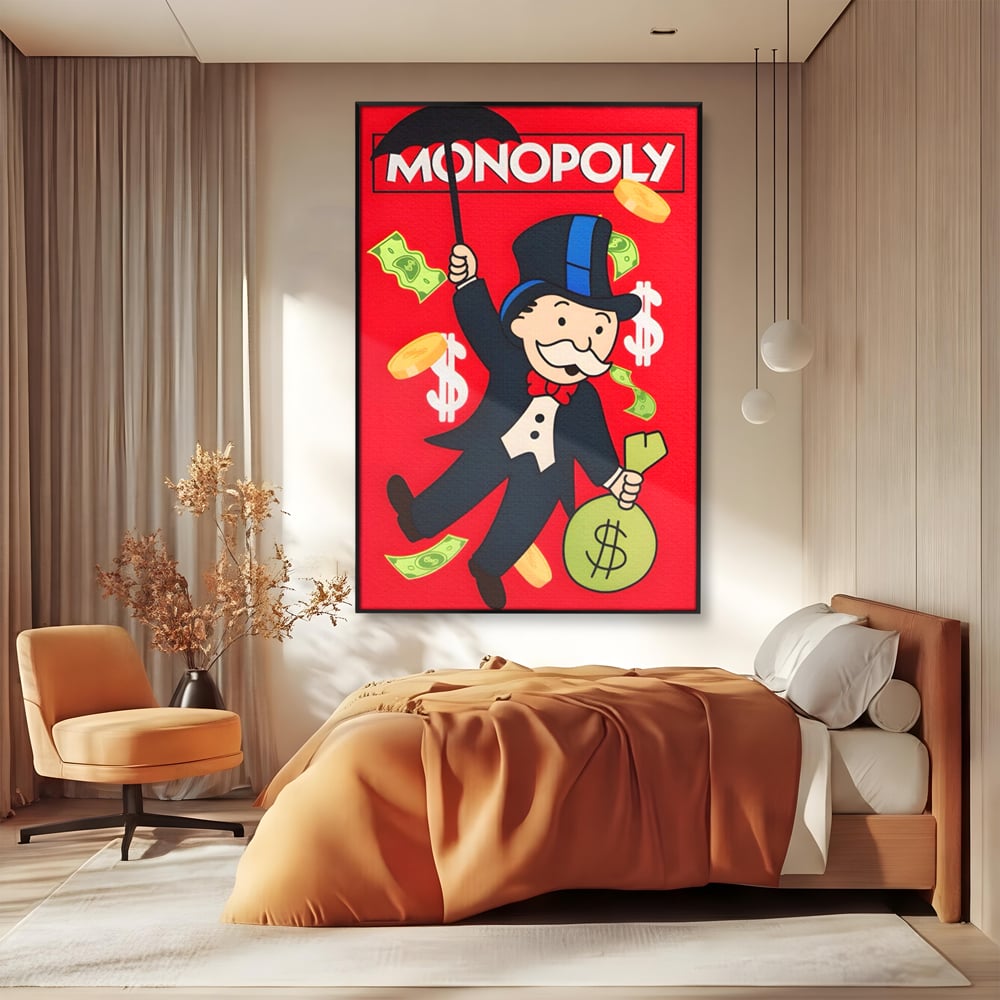 Tablou canvas cu tablou canvas cu domnul monopoly pe fond rosu, in rama de aluminiu negru, pe perete intr-un dormitor